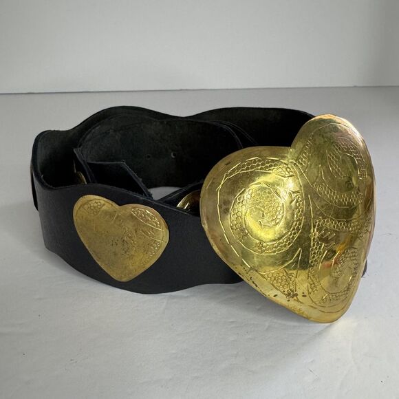 Anthropologie Z&L Europe Black Leather Gold Heart Concho Western Belt Hook Boho main image 6